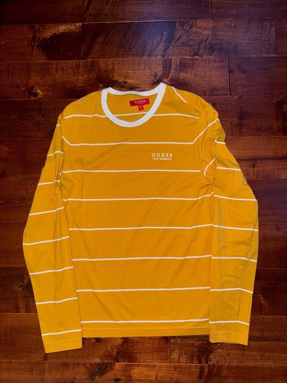 Guess Los Angeles Striped Long Sleeve Tee Mustard Yellow White Size M